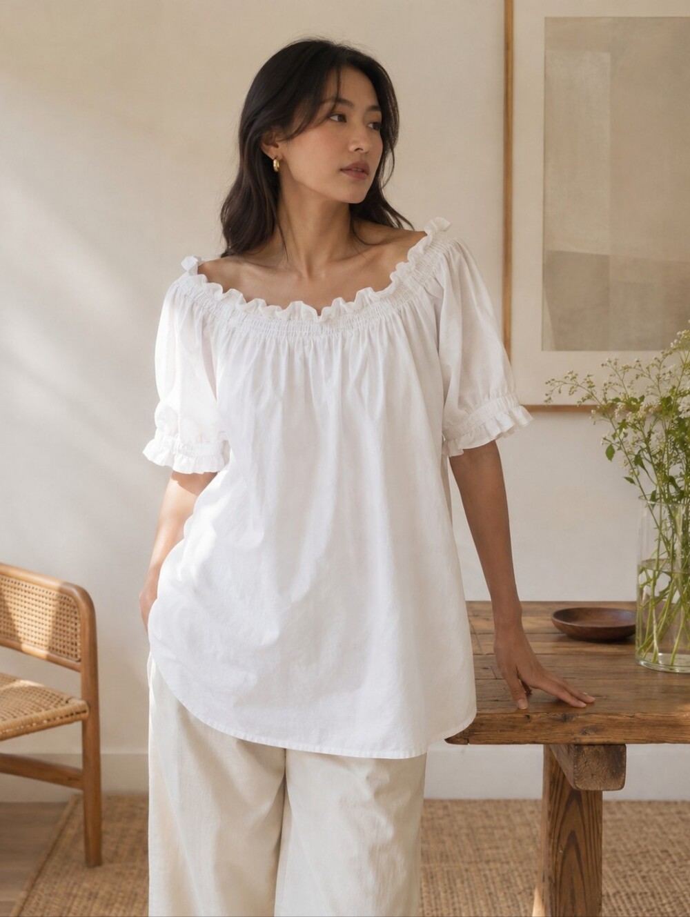 San Joy White Smocked Off-Shoulder Tunic
